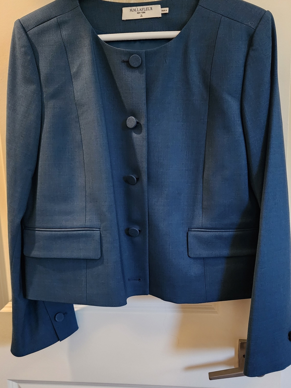 MM Lafleur Teal Blue Round-Neck Button Front Blazer